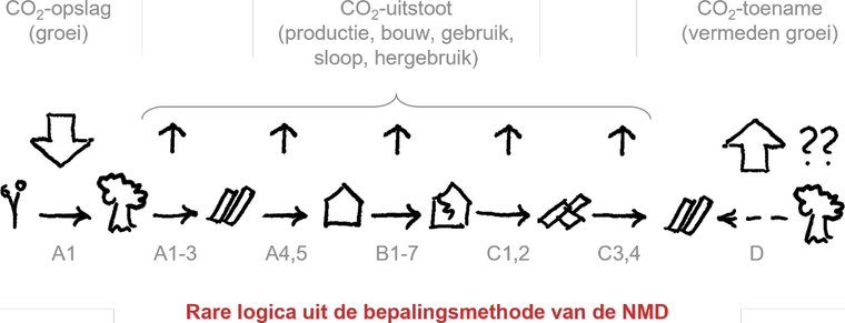 Levenscyclus van hout dat wordt hergebruikt volgens de bepalingsmethode van de NMD: in module D telt een CO₂-toename door vermeden groei van nieuw hout. Onderschrift: rare logica uit de bepalingsmethode van de NMD.