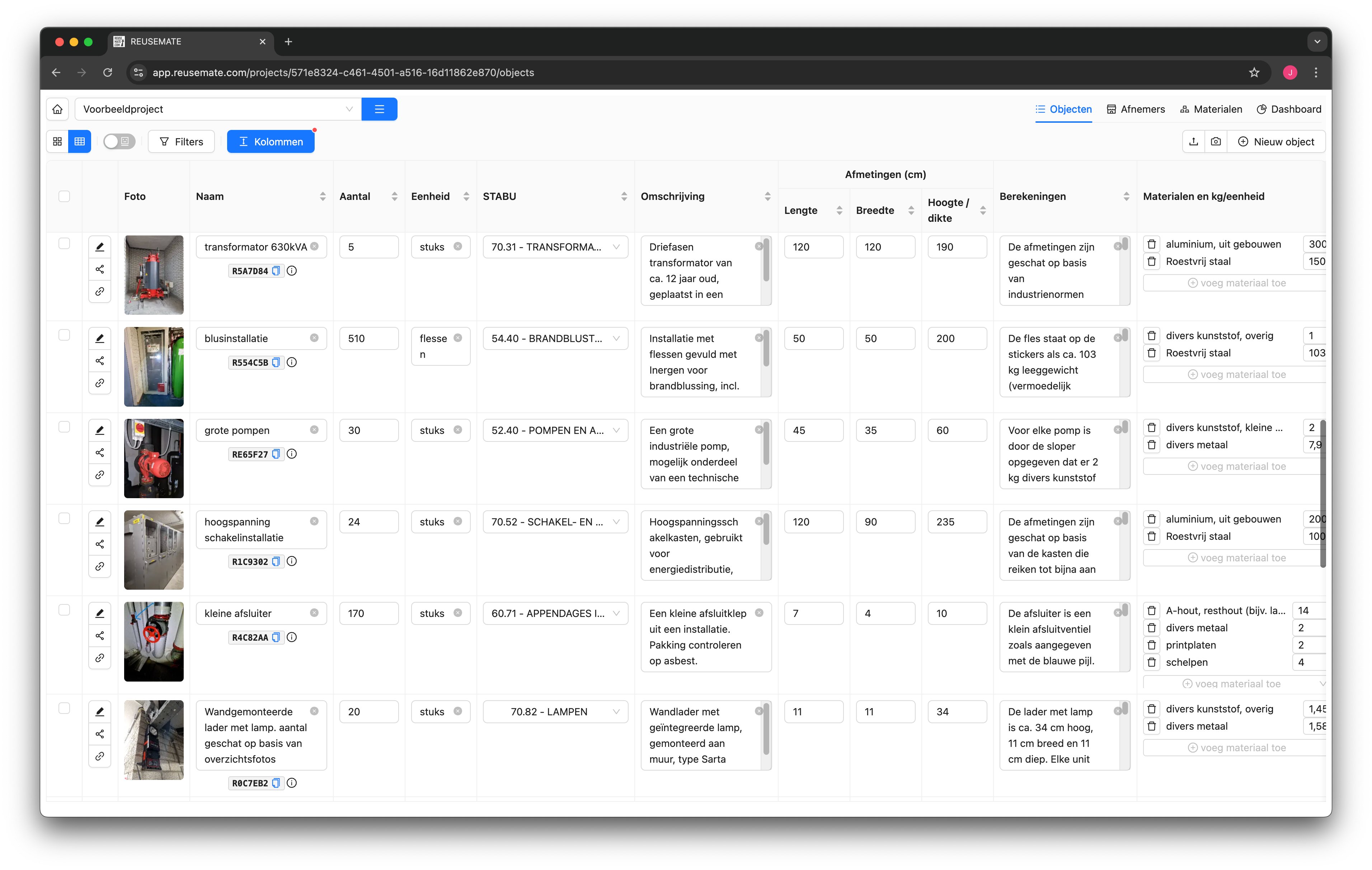 Tabeloverzicht van geïnventariseerde objecten